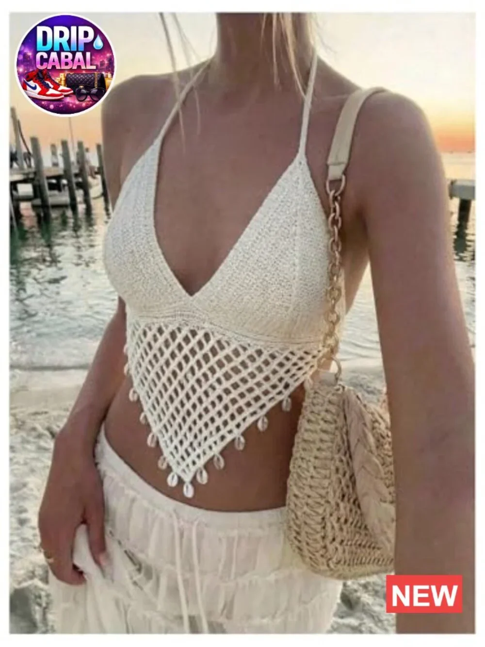 Boho Crochet Halter Top Asymmetrical V Neck Camisole Summer Vacation Beach - Picture 2 of 7